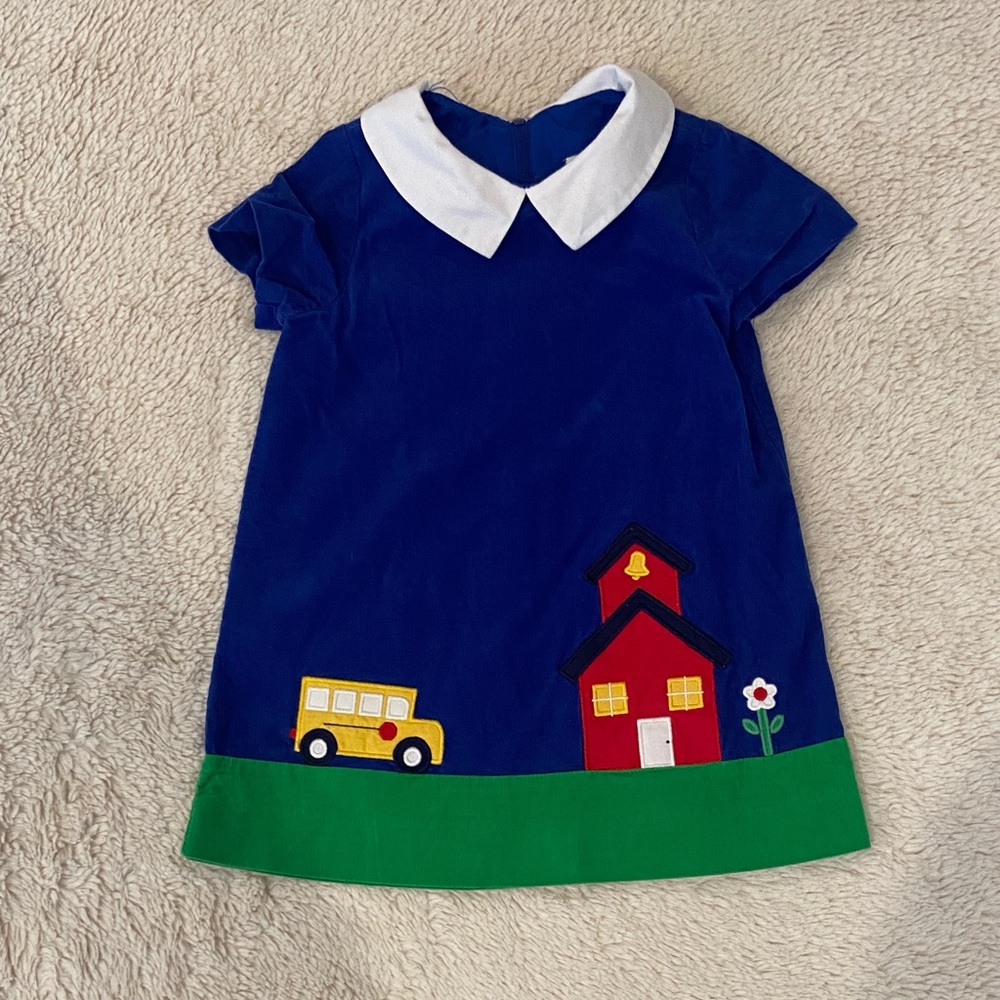 Florence Eiseman Back to School Schoolhouse Bus Appliqué Dress Peter Pan Collar